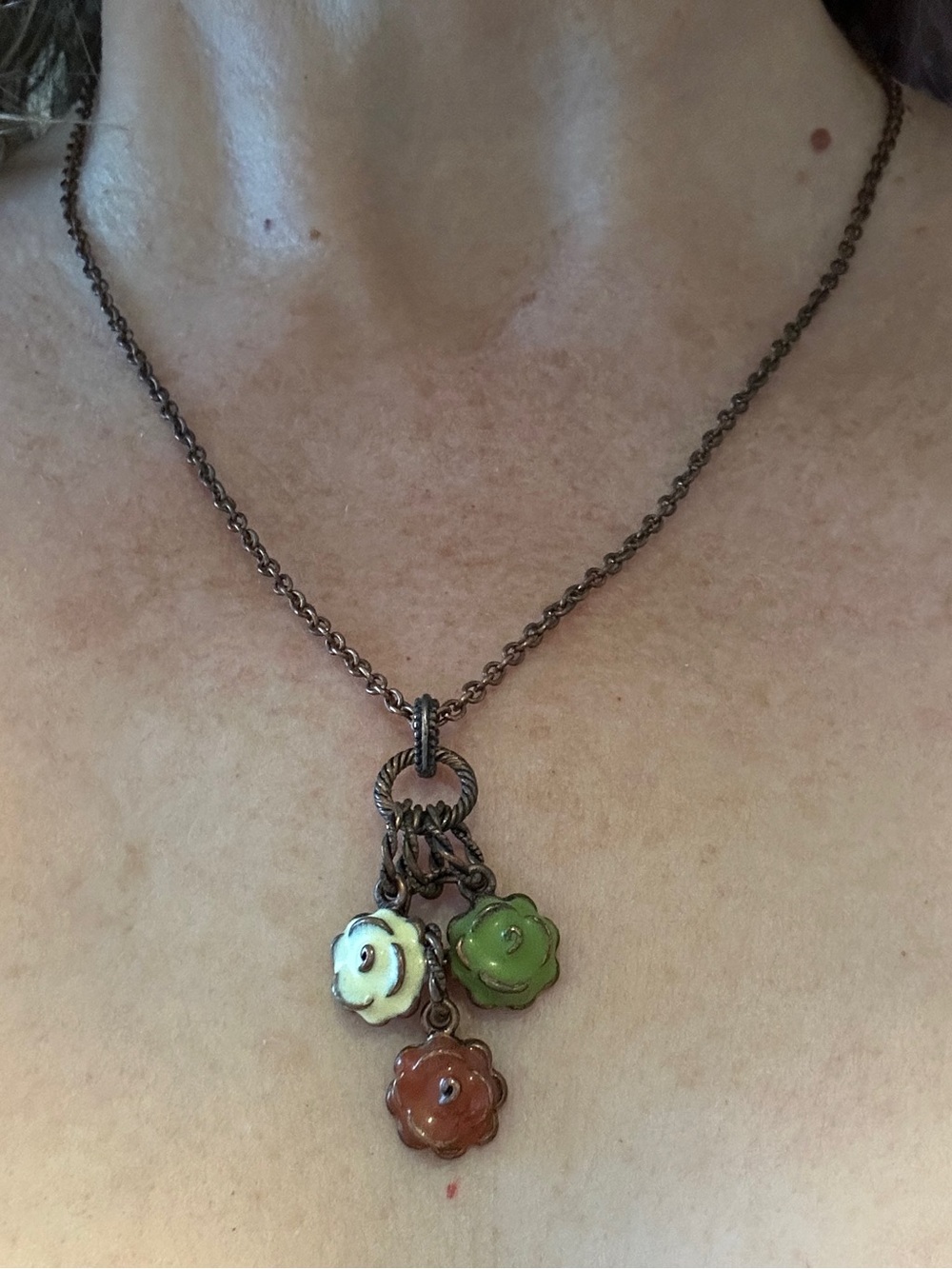 Enamel Floral Trio Pendant Necklace - Green, White & Brown